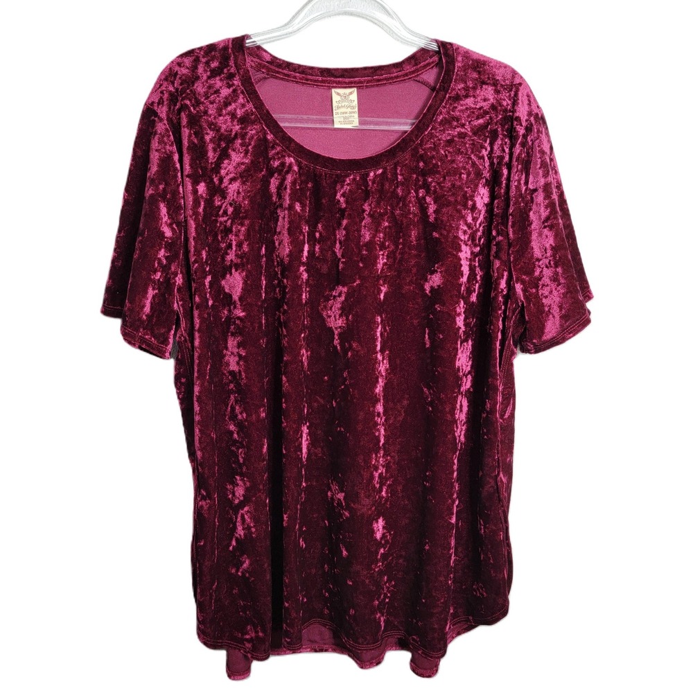 Faded Glory Womens 2X Merlot Wine Crushed Velvet Short Sleeve Scoop Neck Top‎